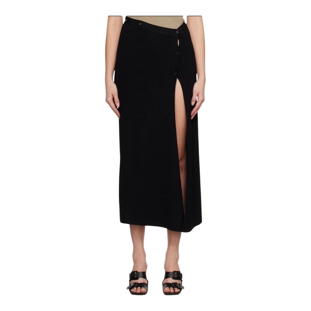 Aya Muse Skirt Women L Black Jade Knit Button Asymmetrical Slit Maxi Ribbed